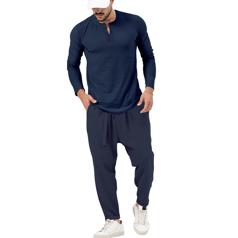 Herren lässiges Langarm-Henley-Shirt kombiniert mit eleganter Jogginghose Drune