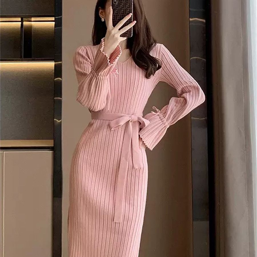 Damen Figurbetontes Maxikleid mit Bindegürtel und Rippstruktur Drune
