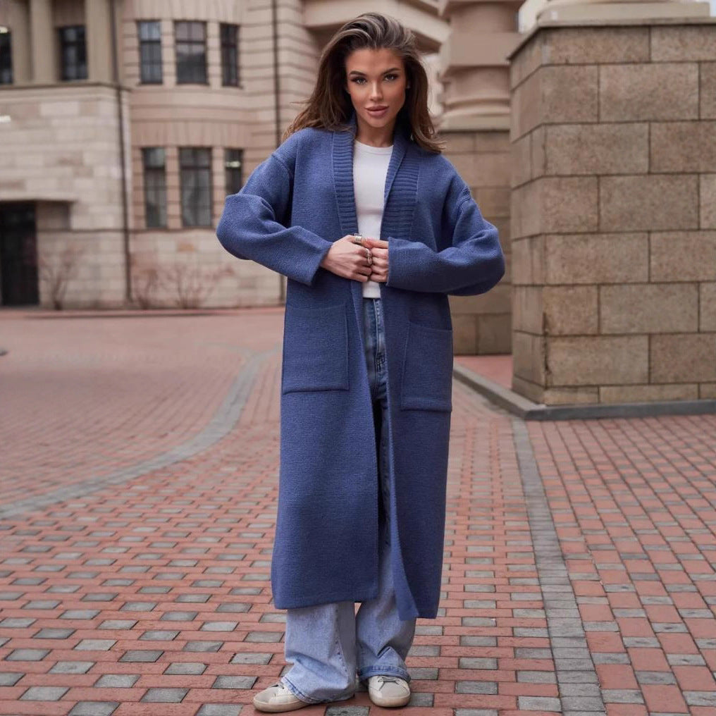 Damen Strickmantel mit tiefem V-Ausschnitt und großen Taschen Drune