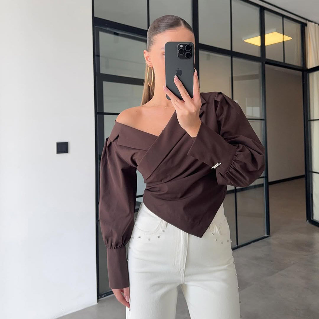 Damen Elegante Wickelbluse mit asymmetrischem Schnitt und Puffärmeln Drune