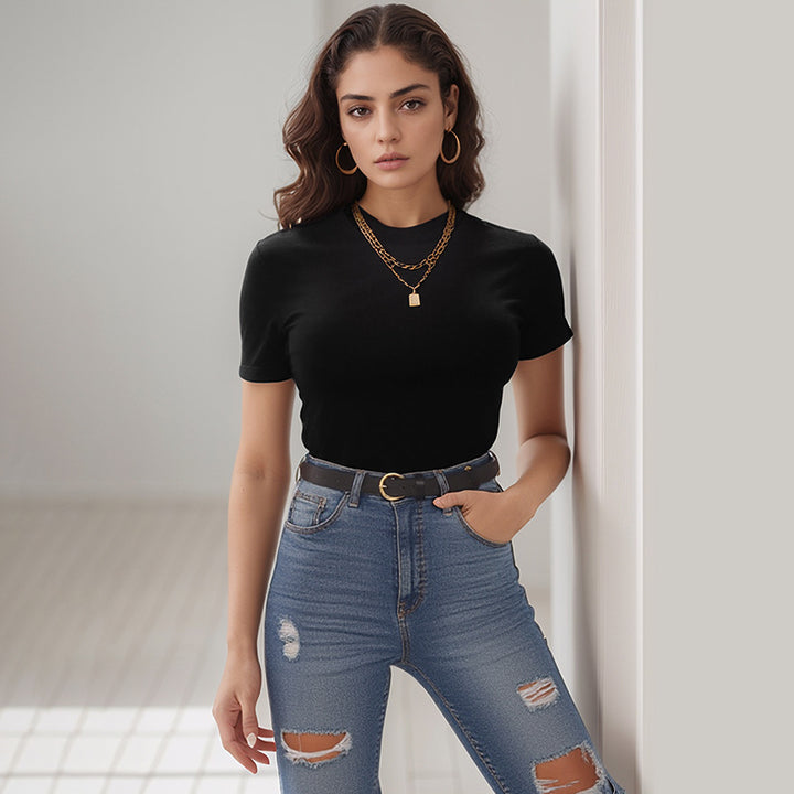 Damen lässiges T-Shirt mit kurzem Arm und modischem Schnitt Drune