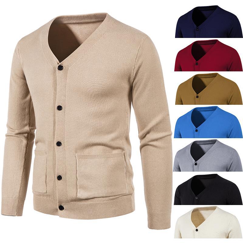 Herren nan schlanker Feinstrick-Cardigan mit V-Ausschnitt, Knopfleiste und aufgesetzten Taschen Drune