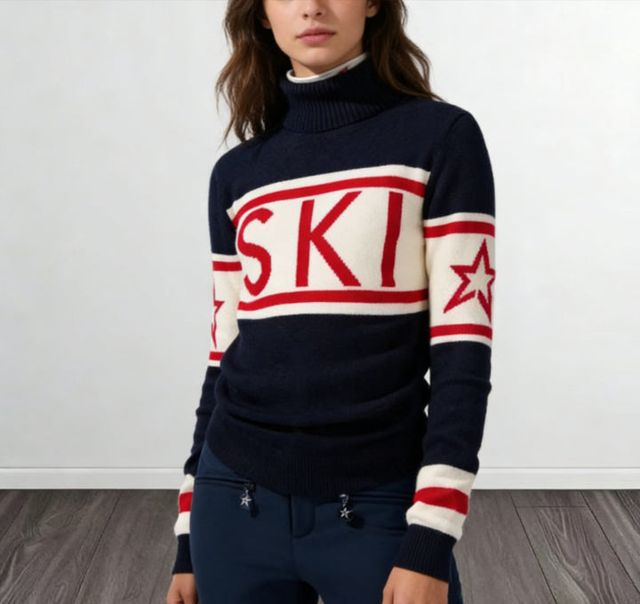 Damen Sportlicher Pullover mit hohem Kragen und trendigem Ski-Design Drune