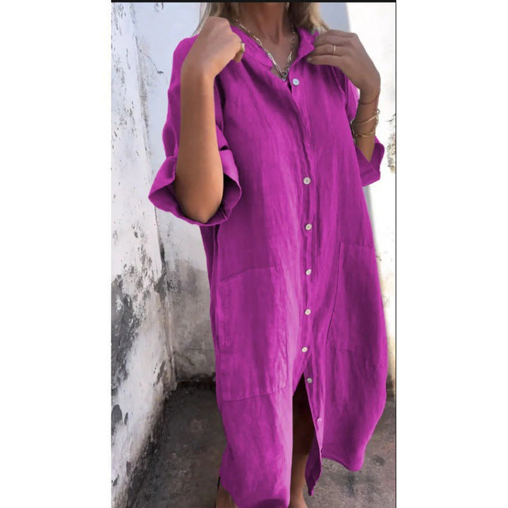 Drune | Lockere lässige Baumwolle-Leinen Hemdkleid mit halben Ärmeln