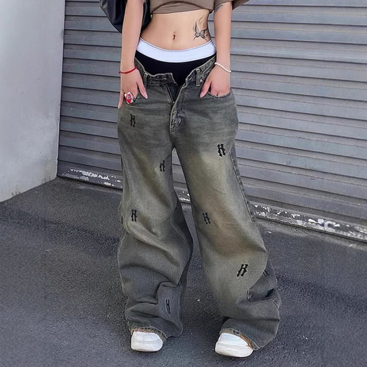Damen Weiße Stoffhose mit modischen Stickereien Drune