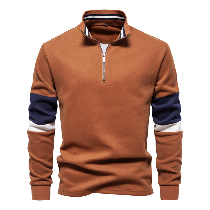 Herren nan Halbzip-Pullover mit Stehkragen, gestreiftem Krageninnenband und Kontrastärmeln Drune