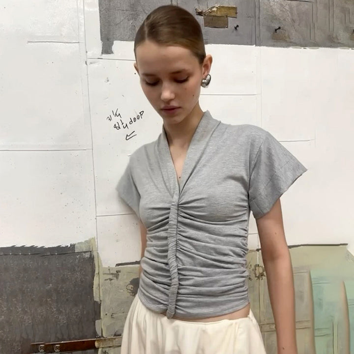 Damen elegantes Kurzarmoberteil mit figurbetonter Raffung Drune