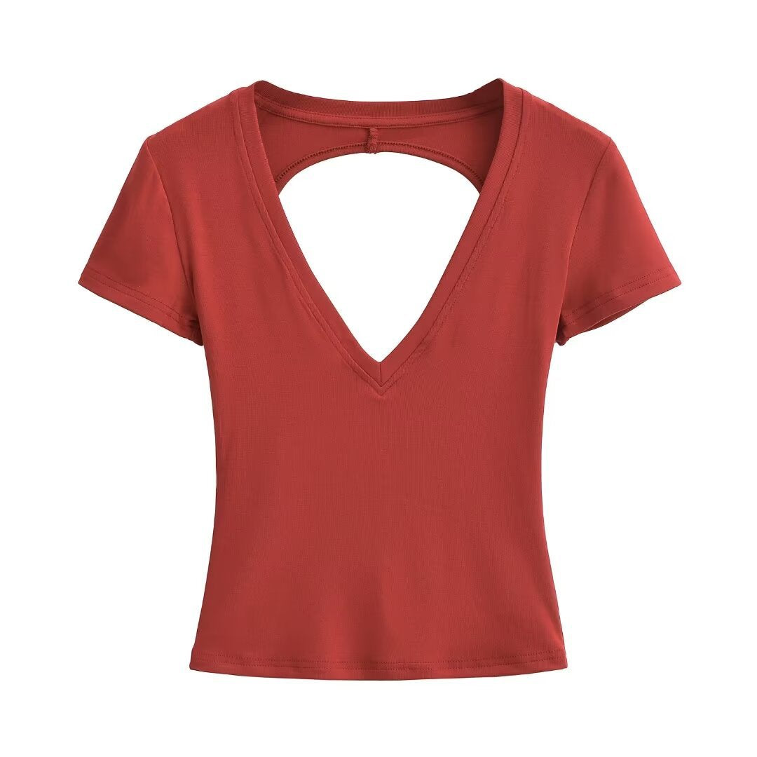Damen modisches V-Ausschnitt T-Shirt mit offenem Rücken Drune