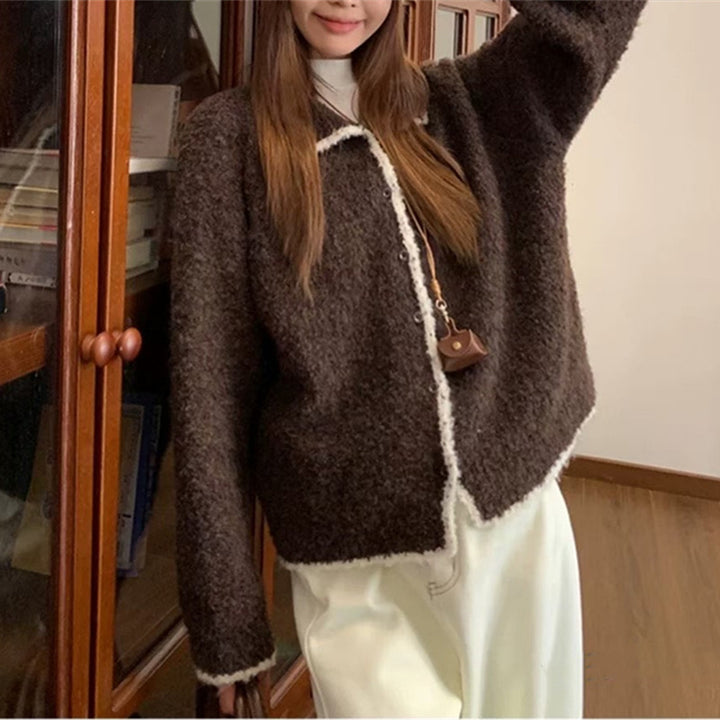 Damen kuscheliger Strickcardigan mit Kontrastdetails und kragen Drune