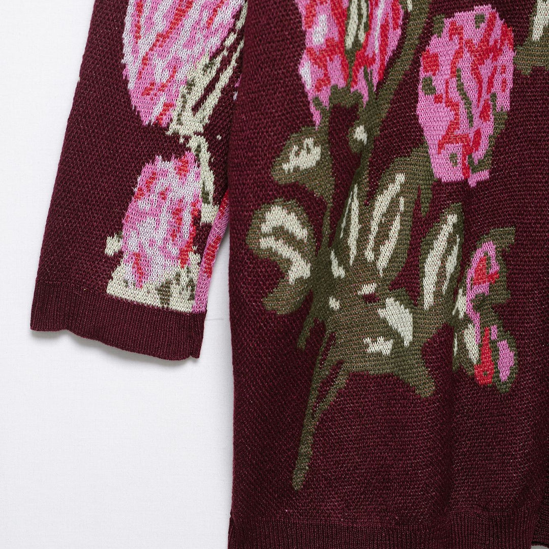 Damen Strickjacke mit floralem Muster und tiefem V-Ausschnitt Drune