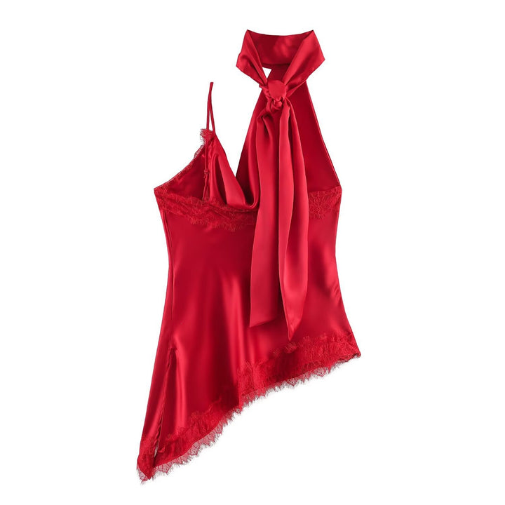 Damen elegantes Satin-Top mit asymmetrischem Saum und Spitzendetails Drune