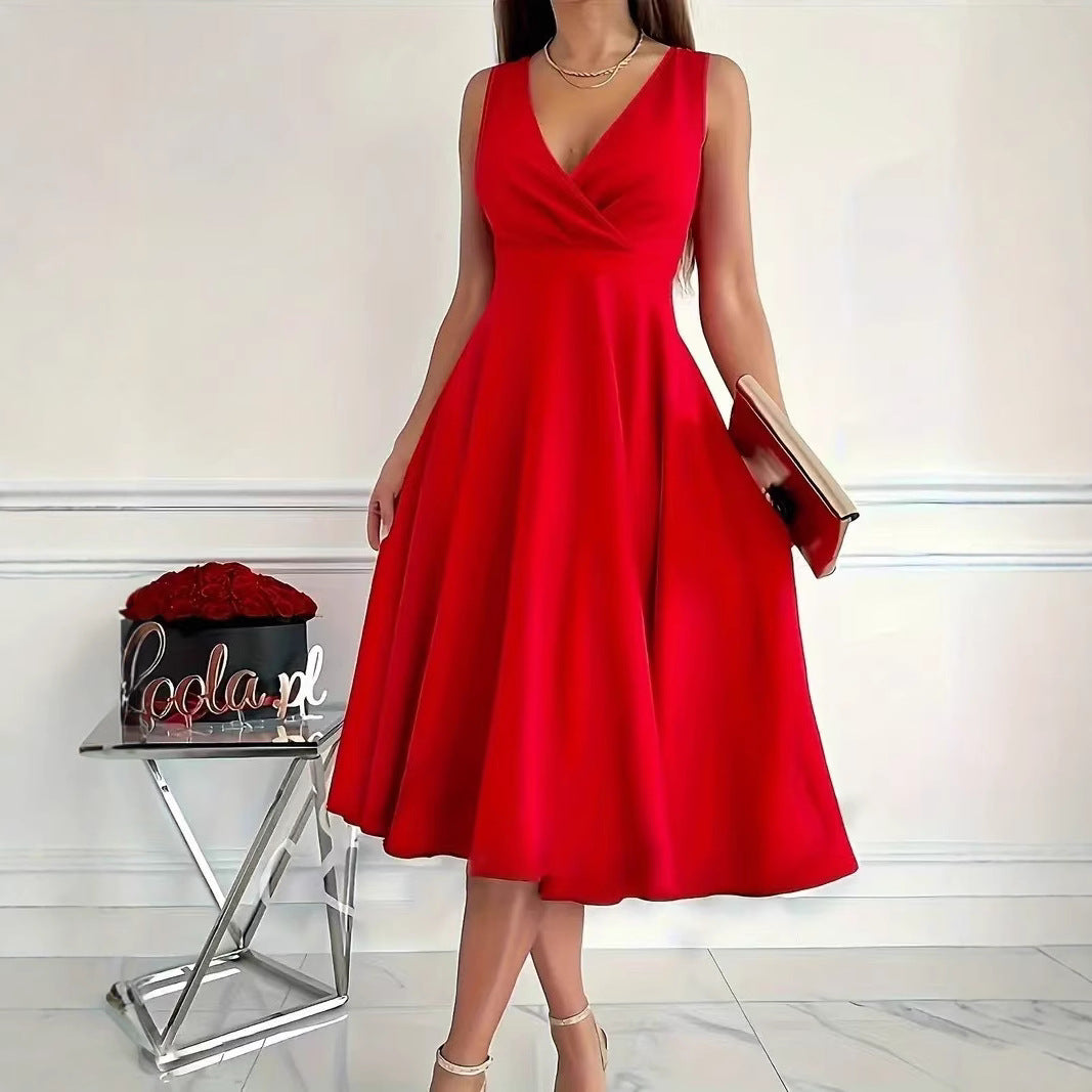 Damen elegantes A-Linie Wickelkleid mit V-Ausschnitt Drune