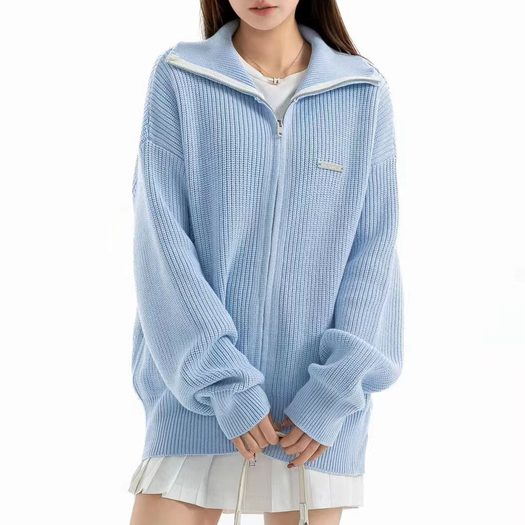 Damen Großer Strickpullover mit hohem Kragen und durchgehendem Reißverschluss Drune