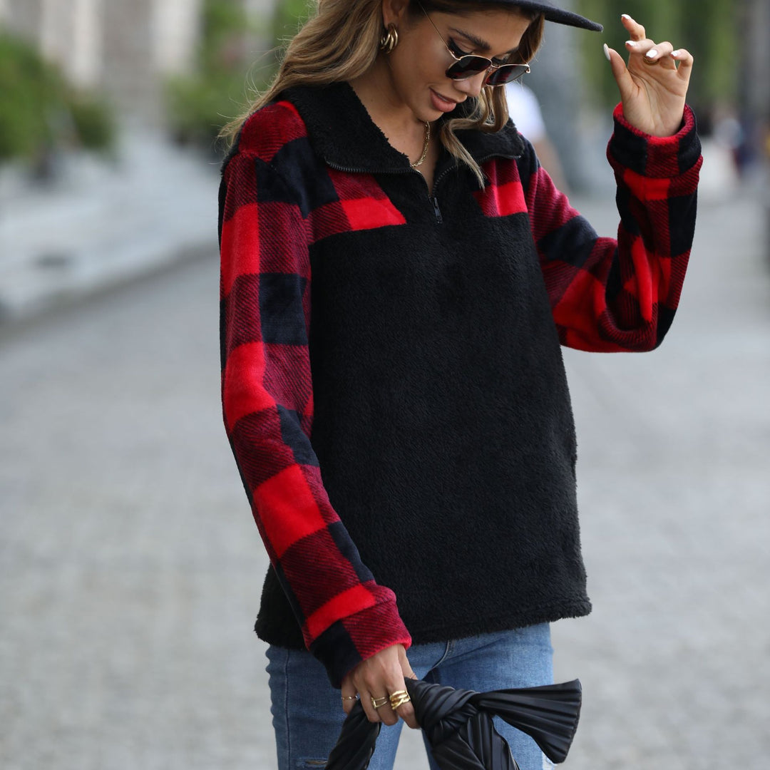 Damen Plüschiger Halbreißverschluss-Pullover im Karodesign Drune