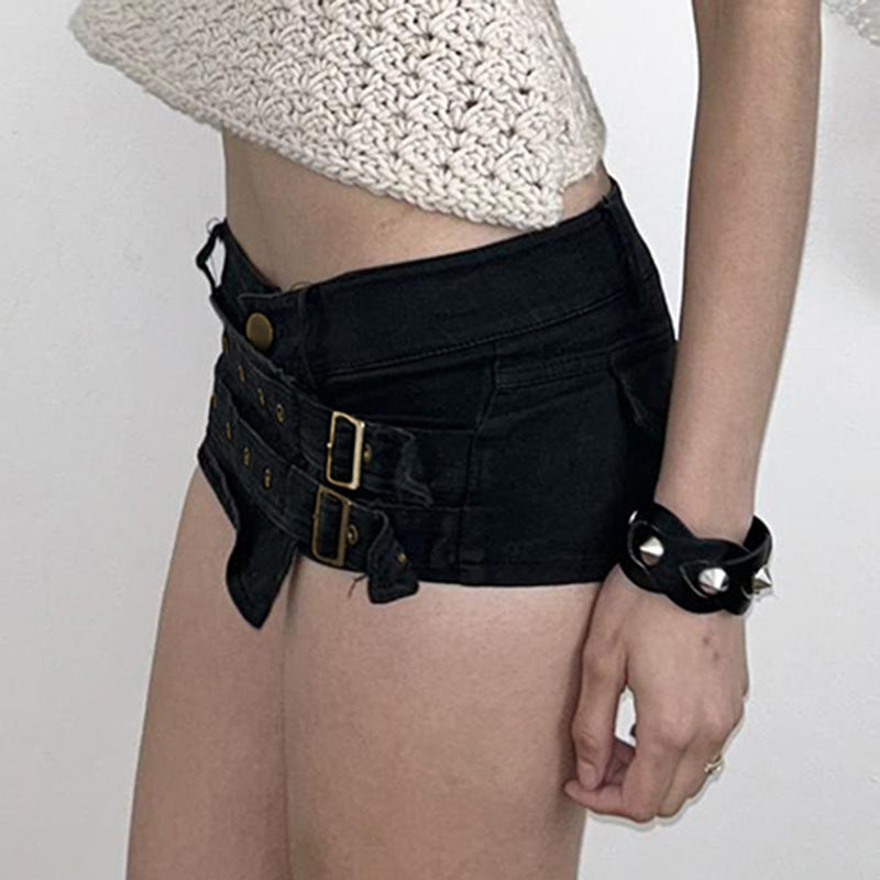 Damen Modische Shorts mit dekorativen Schnallen und Gürtelschlaufen Drune