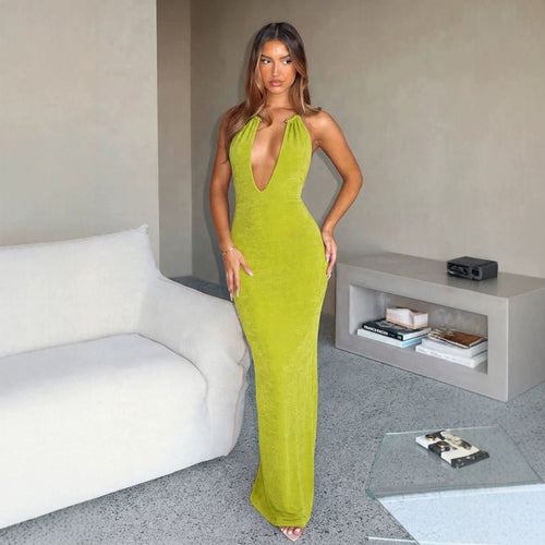 Damen Maxikleid mit hohem V-Ausschnitt und fließendem Stoff Drune