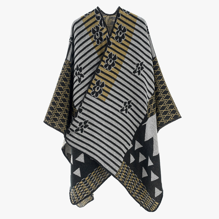 Damen Eleganter Poncho mit grafischem Muster und weichen Fransen Drune