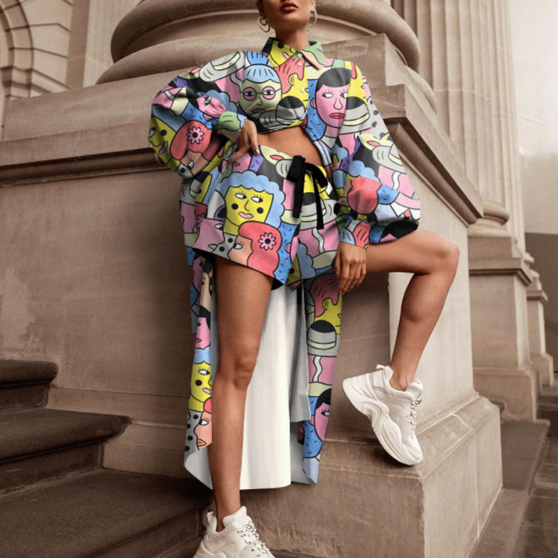 Damen Oversized Hemd mit grafischem Print und kurzer Hosenkombination Drune