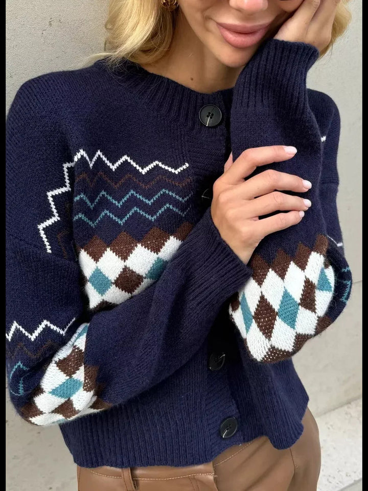 Damen Modischer Strickcardigan mit einzigartigem Karomuster und Knopfdetails Drune