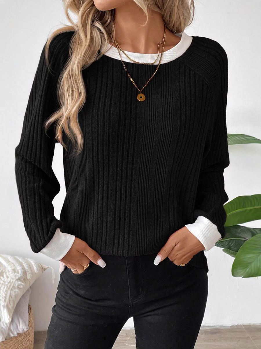Damen lässiger Pullover mit optimalem Rippenstrickdesign und kontrastrierendem Besatz Drune
