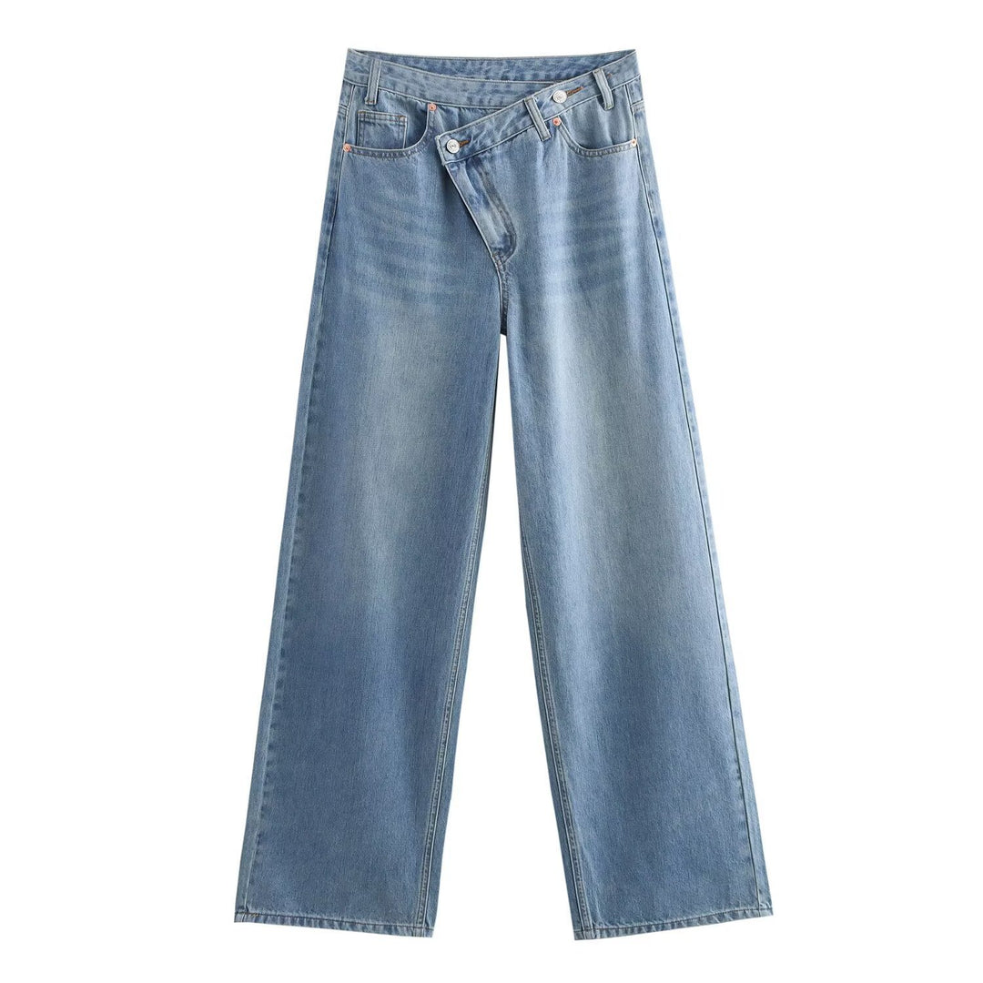 Damen weit geschnittene Jeans mit asymmetrischem Knopfverschluss und hohen Taillen Drune