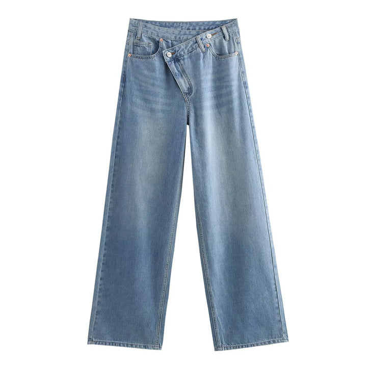 Damen weit geschnittene Jeans mit asymmetrischem Knopfverschluss und hohen Taillen Drune