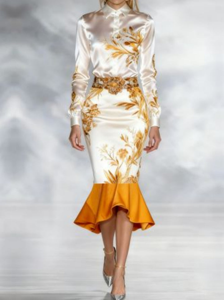 Damen Elegante Midi-Rock mit Blumenmuster und Volantabschluss Drune