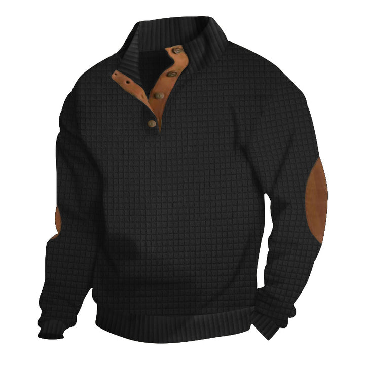 Herren nan waffelstruktur-Troyer mit Stehkragen Druckknopf-Leiste und Nappaleder-Ellenbogenpatches Drune