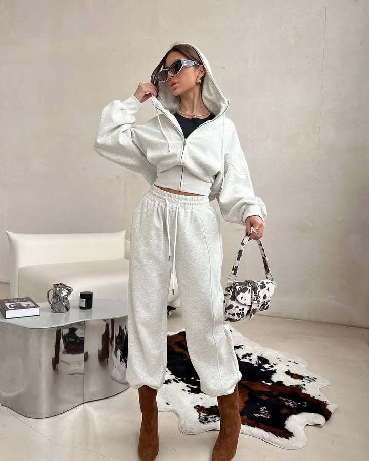 Damen lässiger Sportanzug mit Crop-Hoodie und weitem Bein Drune