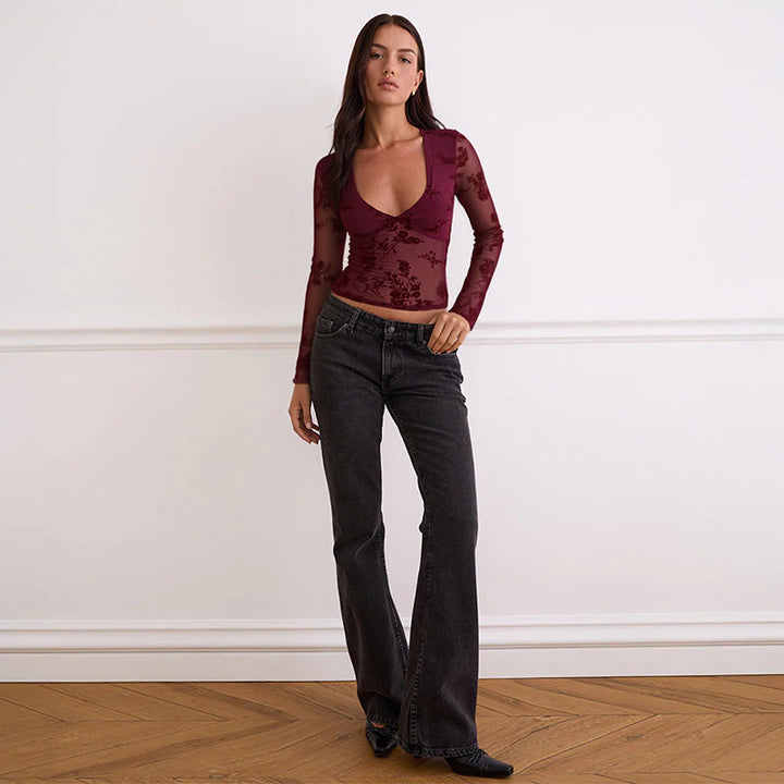 Damen transparente Spitzenbluse mit V-Ausschnitt und langen Ärmeln Drune