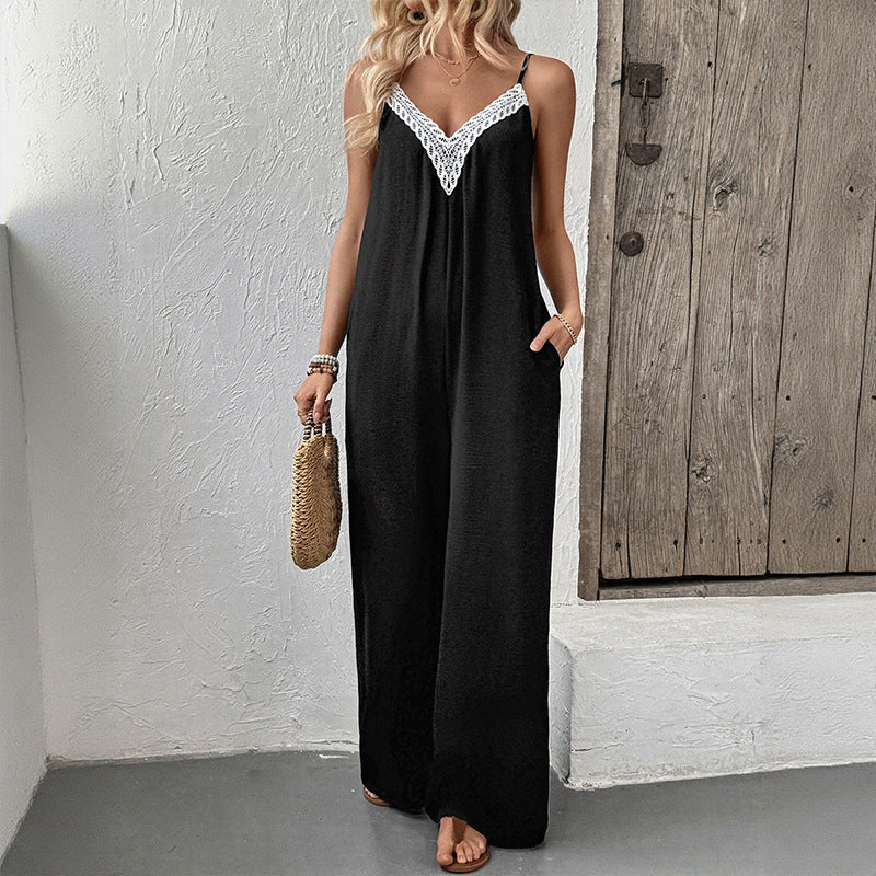 Damen Lässiger Jumpsuit mit tiefem V-Ausschnitt und Spitzenakzenten Drune