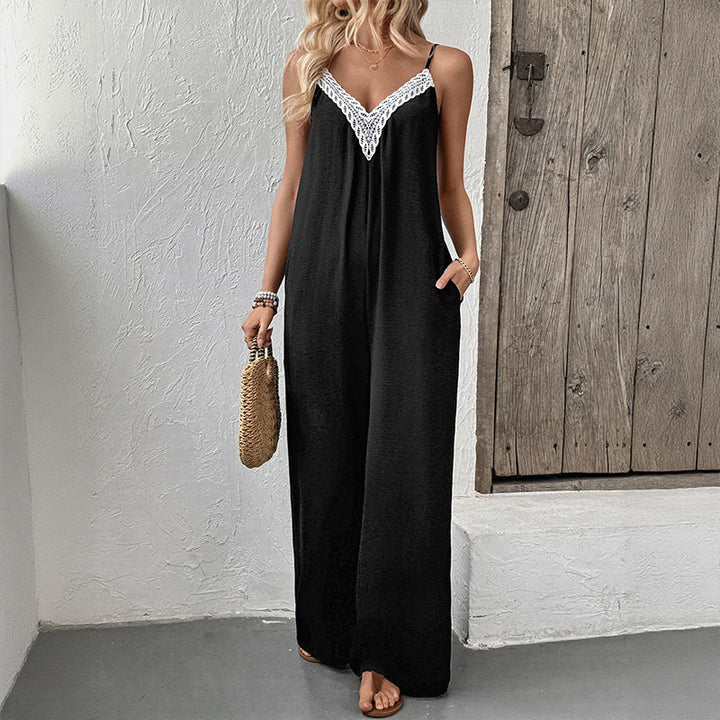 Damen Lässiger Jumpsuit mit tiefem V-Ausschnitt und Spitzenakzenten Drune