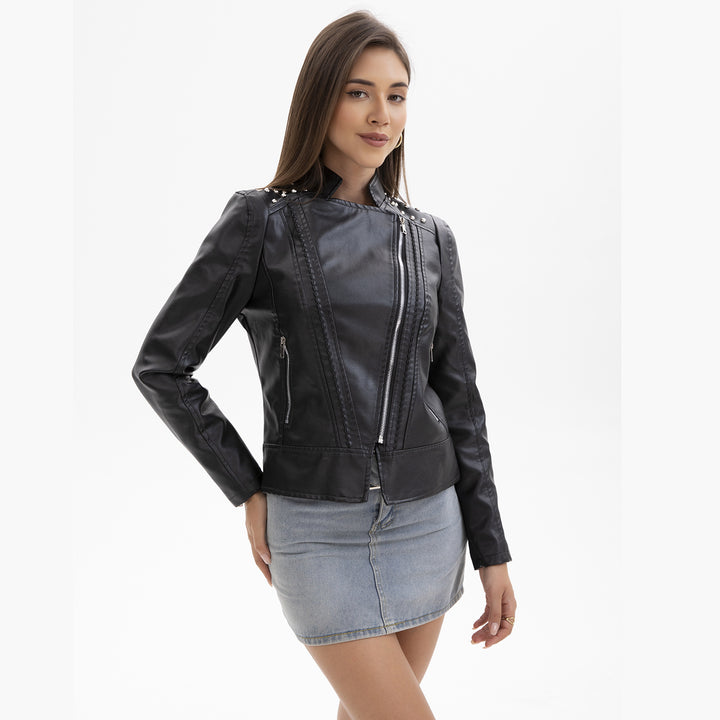 Damen nan Bikerjacke aus Kunstleder mit Nietenbesatz und asymmetrischem Reißverschluss Drune