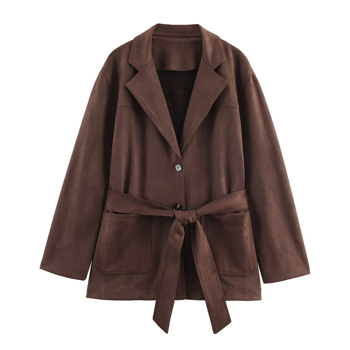 Damen Kunstlederblazerjacke mit tailliertem Schnitt und großem Gürtel Drune