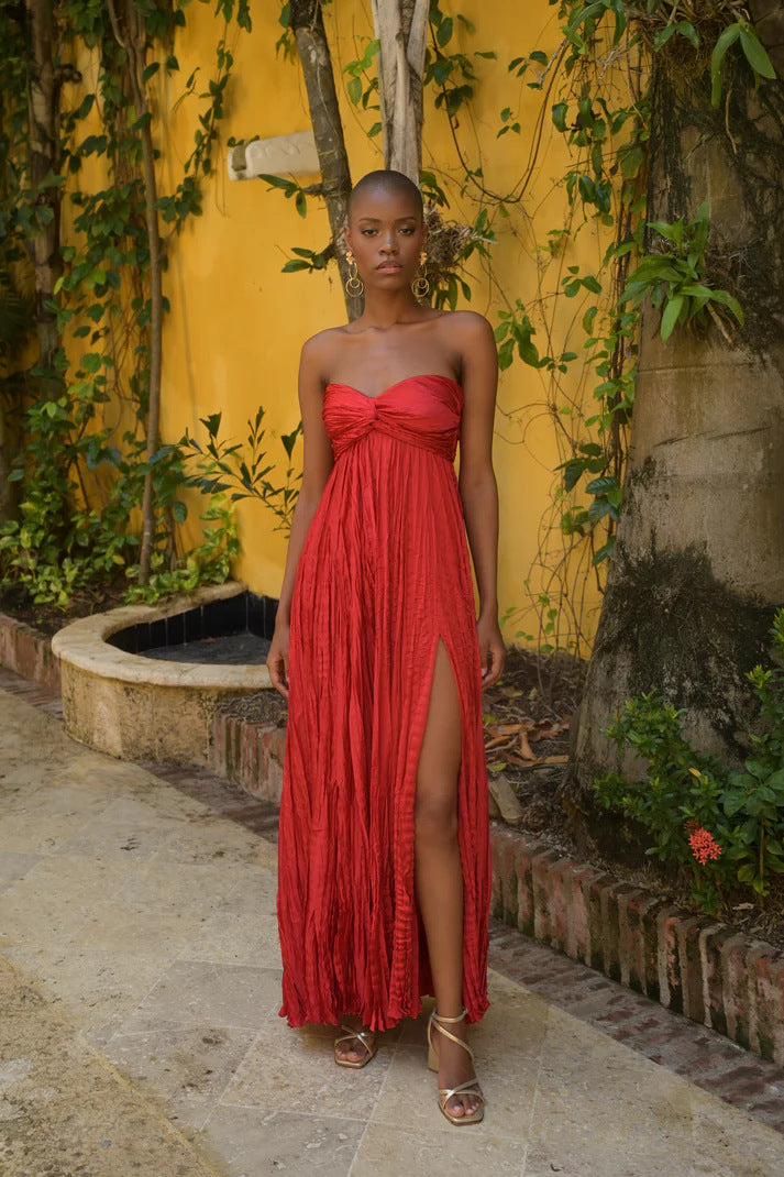 Damen Sommerliches Maxikleid mit Raffungen und schwingendem Rock Drune