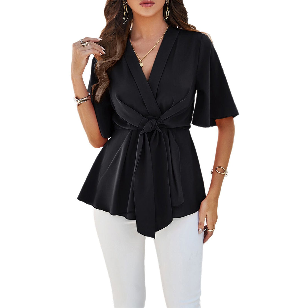 Damen Wickelbluse mit eleganter Schleife und modernen Volantärmeln Drune