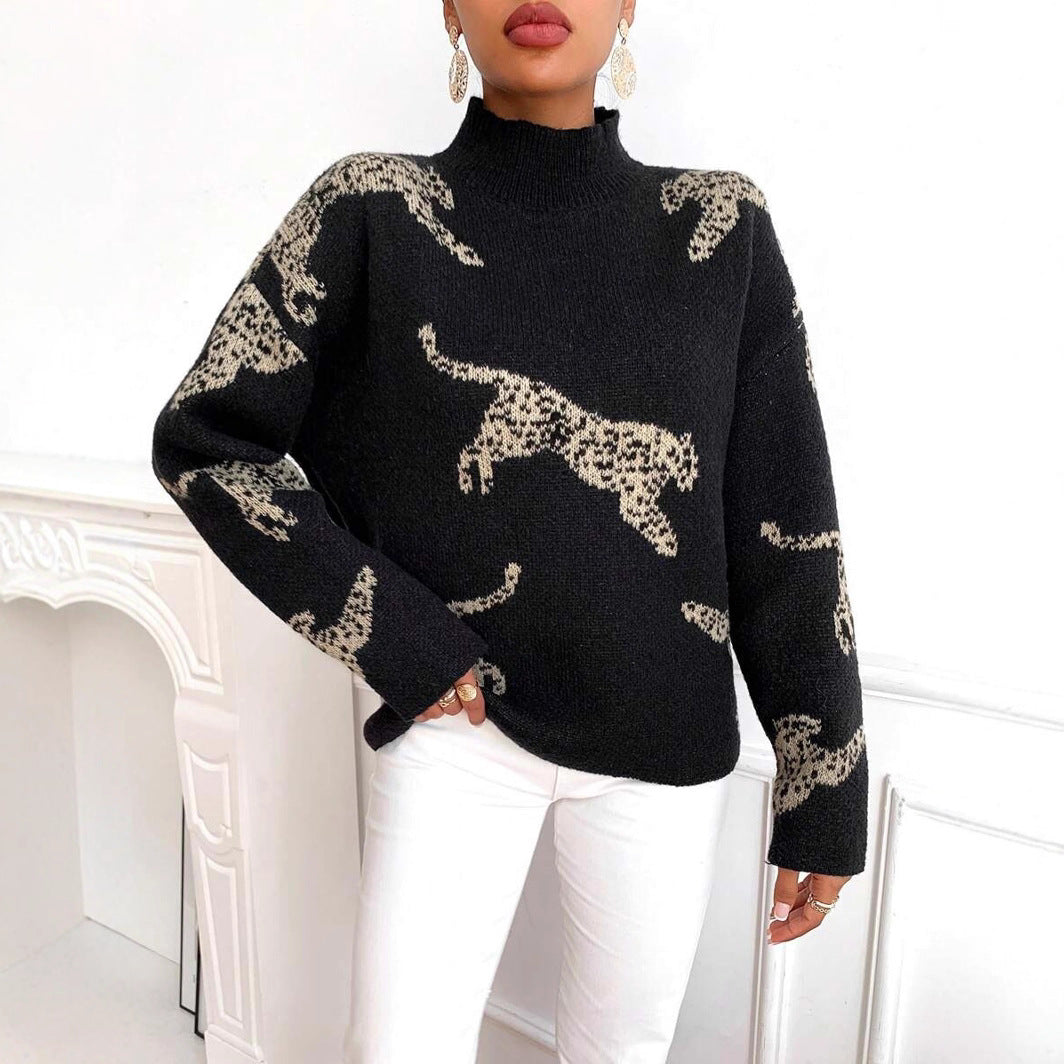Damen Strickpullover mit kreativem Tiermotiv und hohem Kragen Drune