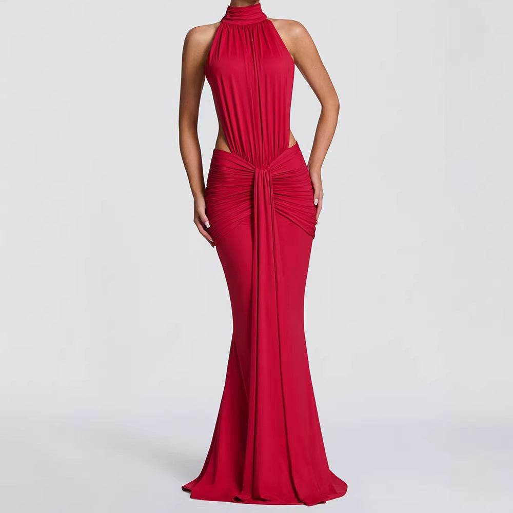 Damen Elegantes Maxikleid mit drapiertem Vorderteil und hochgeschlossenem Design Drune