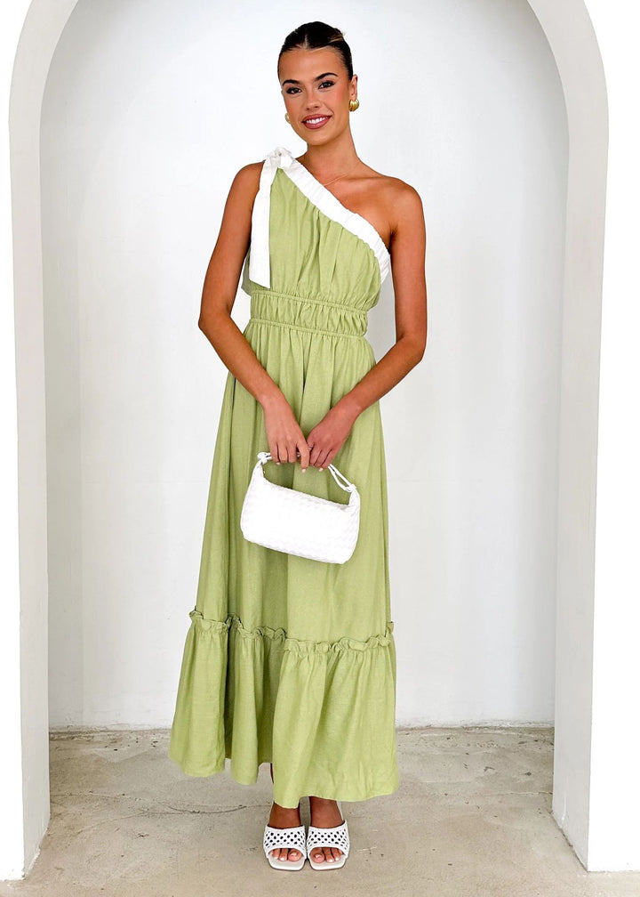 Damen Maxikleid mit asymmetrischem Schulterdesign und fließendem Faltenrock Drune