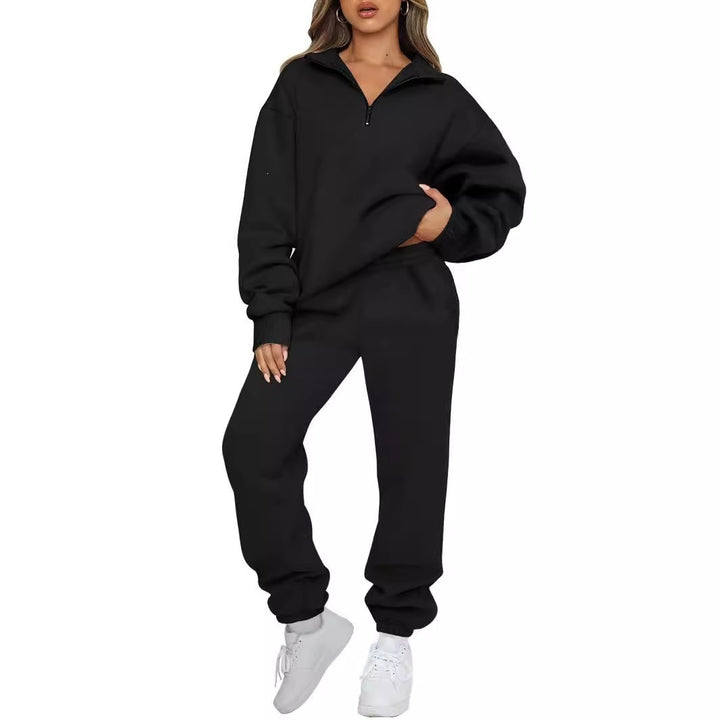 Damen nan Halbzip-Loungewear-Set mit übergroßem Kragenpullover und taillierter Jogginghose mit elastischem Bund Drune