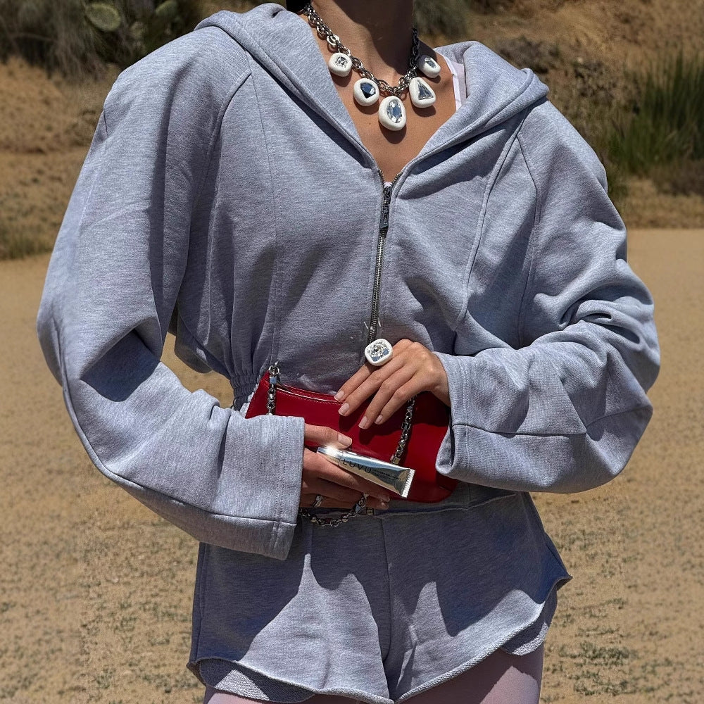 Damen Sportlicher Kapuzenjacke mit schmalem Bund und langen Ärmeln Drune