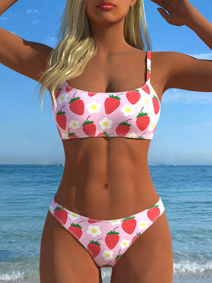 Damen Bikini-Set mit fruchtigem Erdbeerprint und verstellbaren Trägern Drune