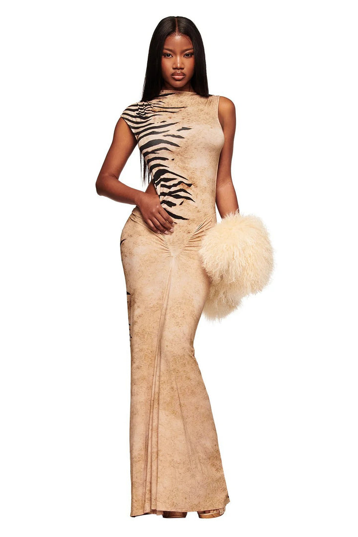 Damen Elegantes Maxikleid mit asymmetrischem Schnitt und Tiermotiv Drune