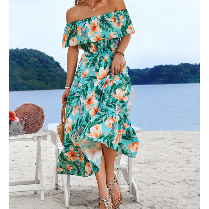 Damen Off-Shoulder Maxikleid mit floralem Design und elastischem Taillenbund Drune