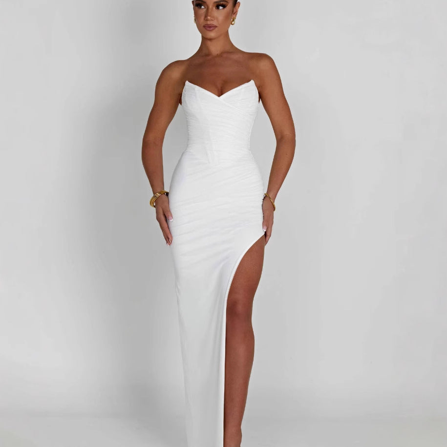 Damen Elegantes Maxikleid mit schmalem Schnitt und sexy Schlitzdesign Drune