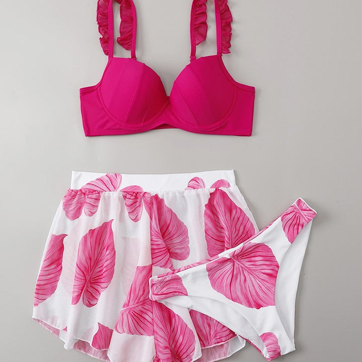 Damen Bikini-Set mit fransigem schimmerndem Oberteil und luftigem Rock Drune