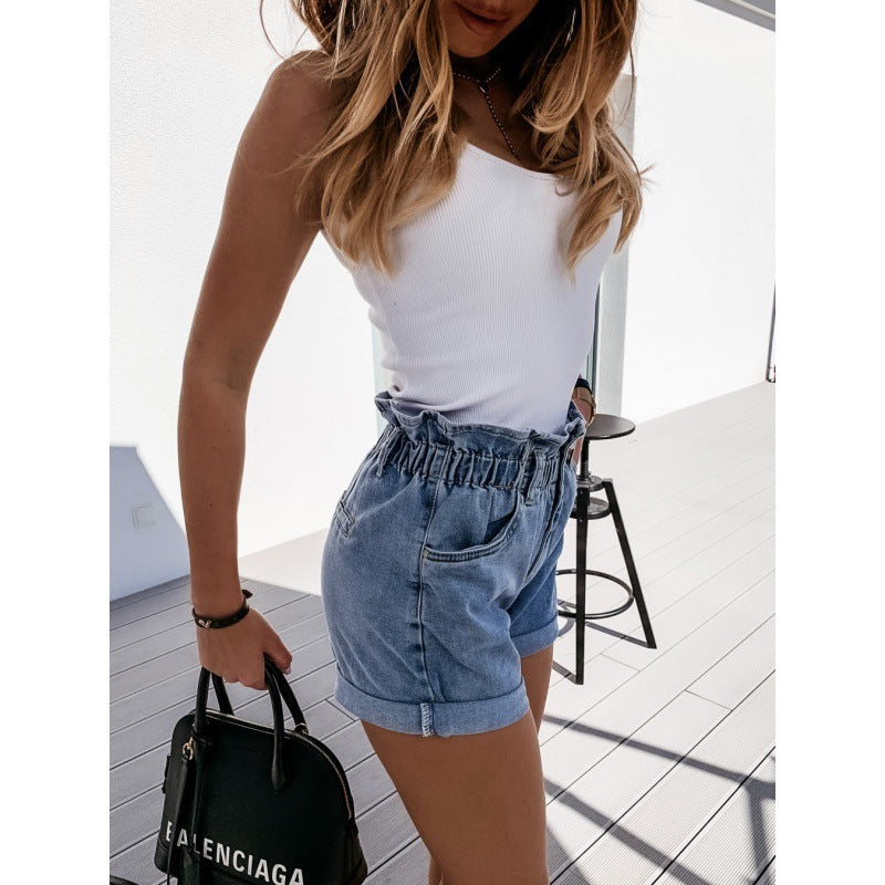 Damen Hochgeschlossene Jeansshorts mit elastischem Bund und modischem Design Drune