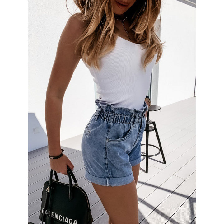Damen Hochgeschlossene Jeansshorts mit elastischem Bund und modischem Design Drune