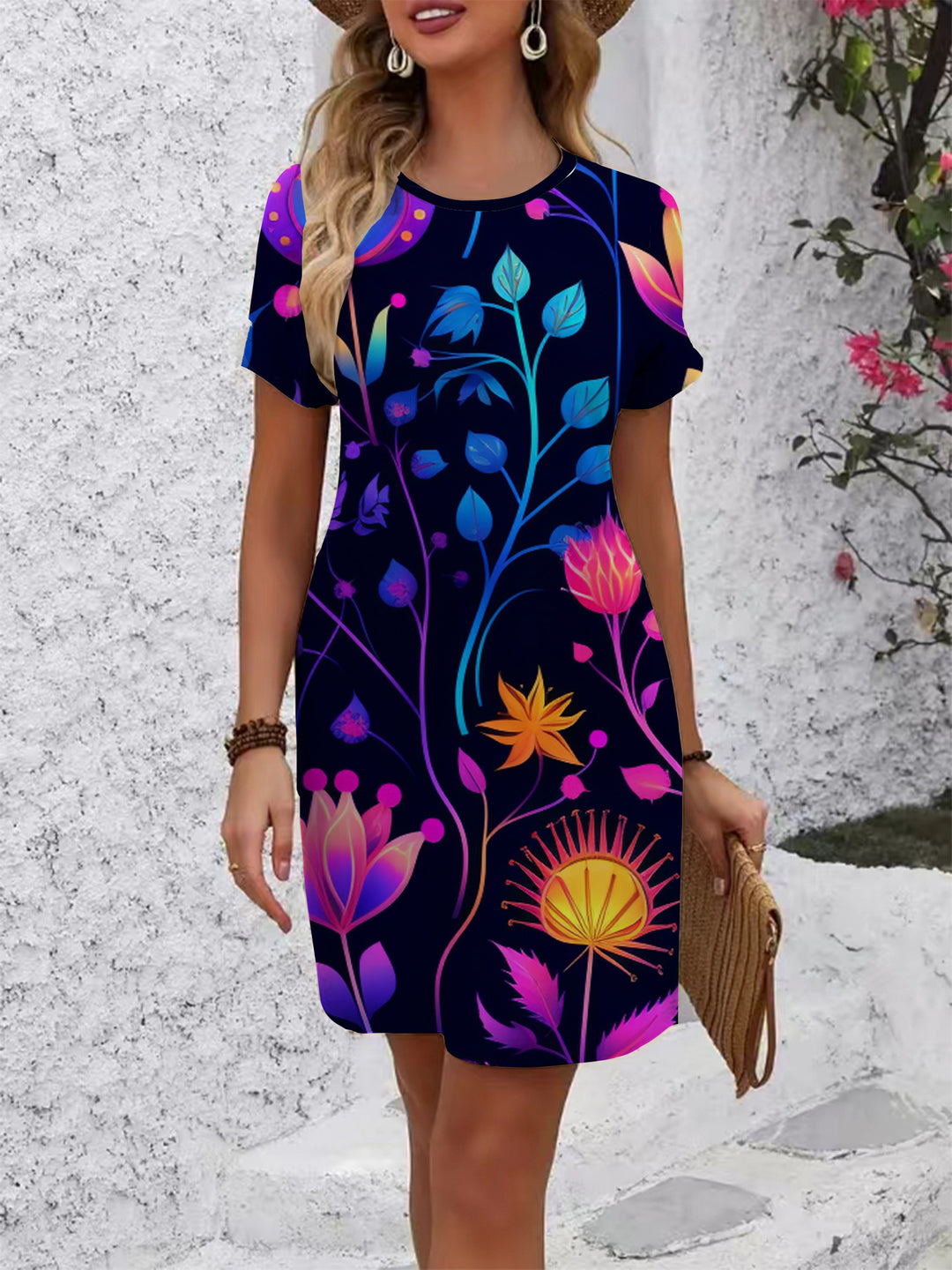 Damen lässiges T-Shirt Kleid mit buntem Blumenmuster und bequemem Schnitt Drune