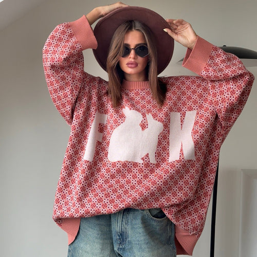 Damen Oversized Strickpullover mit kreativem Motiv Drune